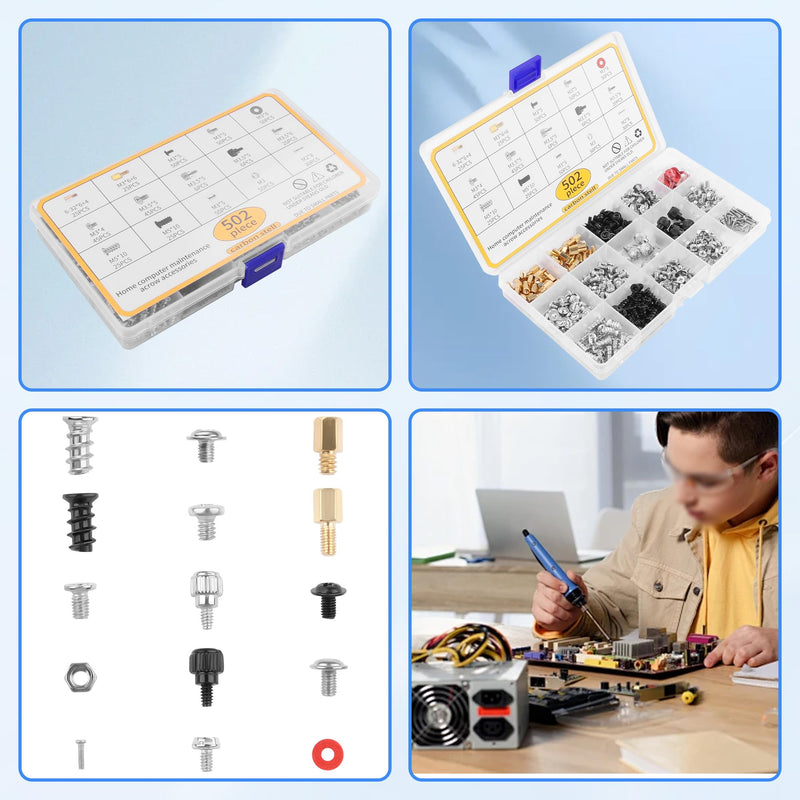 502PCS PC DIY Screw Kit, Assorted Size Screws Nuts Washers for Computer Building, Case Modding, Gaming PC Upgrade & Laptop Repair - Portable Metal Fastener Set