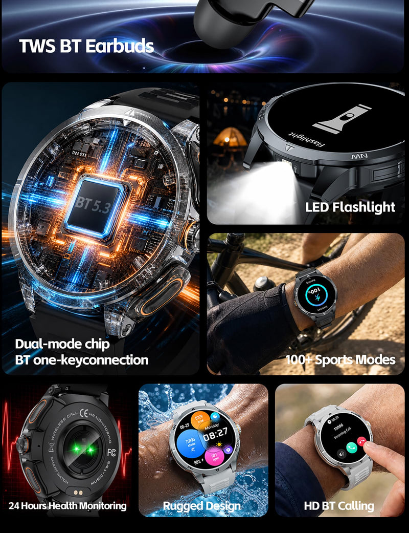 Smart Watch with Earbuds for Men,1.7 HD Screen，Double Strap | 2-in-1 Design,Magnetic Earbuds,Configure a steel strap and a silicone strap,Comes with 2 glass screen protectors as a gift Black-GT200