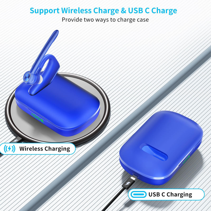 [AUSTRALIA] - Bluetooth Headset Wireless Earpiece Microphone 180H Playtime 1000mAh Wireless Charging Case Handsfree Single Ear Headset LED Display for iPhone Android Cellphones PC Computer Trucker Drivers Work Game Blue 