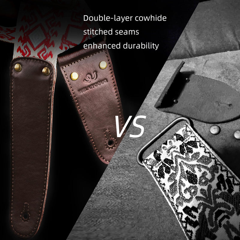 Guitar Strap, Woven Guitar Straps with Double Vegetable-Tanned Cowhide Leather Ends for Bass Guitar, Electro Acoustic Guitar, Gift for Kids and Guitarists (Black Gold) Black and gold geometric pattern Adjustable 38-63 inches