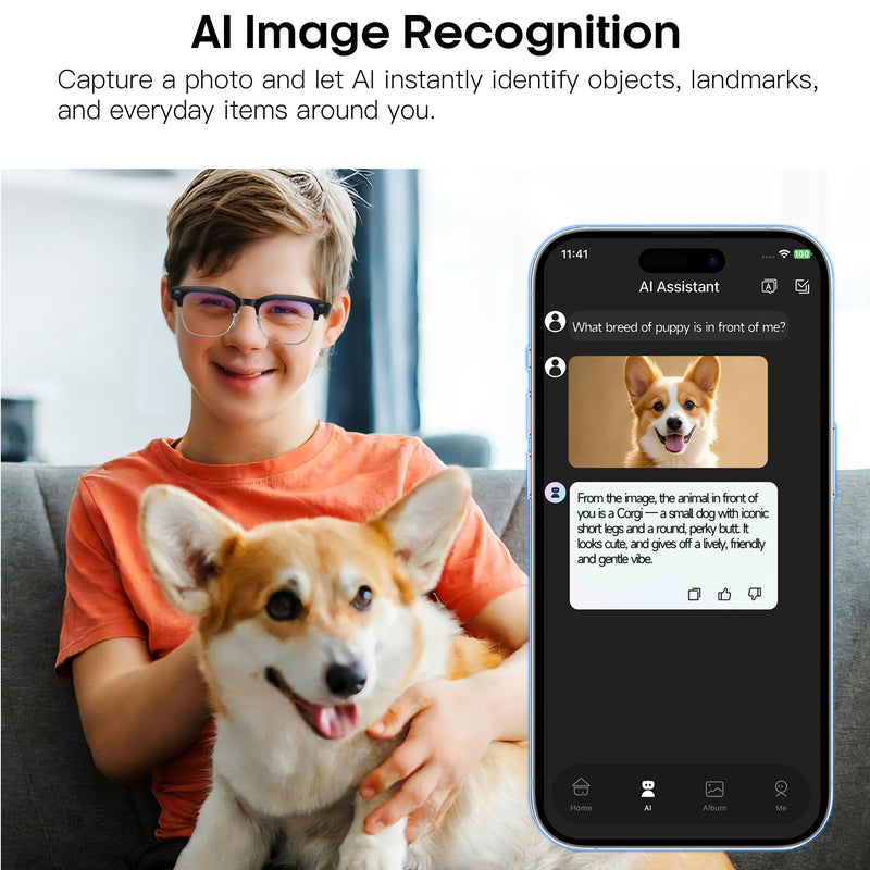 AI Smart Glasses with 8MP HD Camera, 4K Photo, 1080P Video Glasses with Voice Assistant, AI Image Recognition, Real-Time Translation, Bluetooth Calling/Music, IP66 Waterproof, Photochromic Lenses