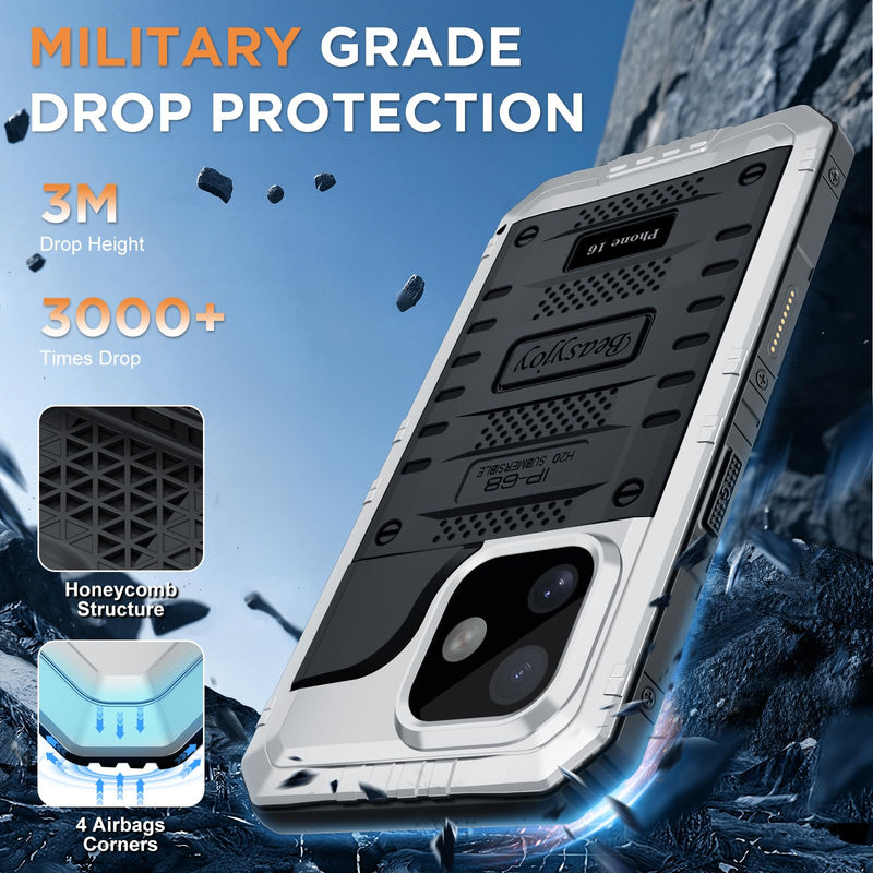 Beasyjoy for iPhone 16 Case Waterproof, Metal Heavy Duty Full Body Protective Case with Built-in Screen Protector, Military Grade Shockproof Dustproof Defender Rugged Cover for iPhone 16 6.1" Silver