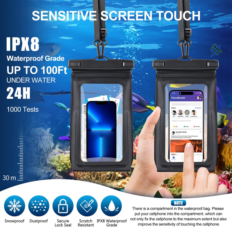 [AUSTRALIA] - 2 Pack Waterproof Phone Pouch Floating Large Waterproof Cellphone Dry Bag Case for iPhone 14 13 12 11 Pro Max XS XR X Galaxy S21 Samsung S22 Up to 7", PVC IPX8 Underwater HD Touch Phone Protector Black+Black 