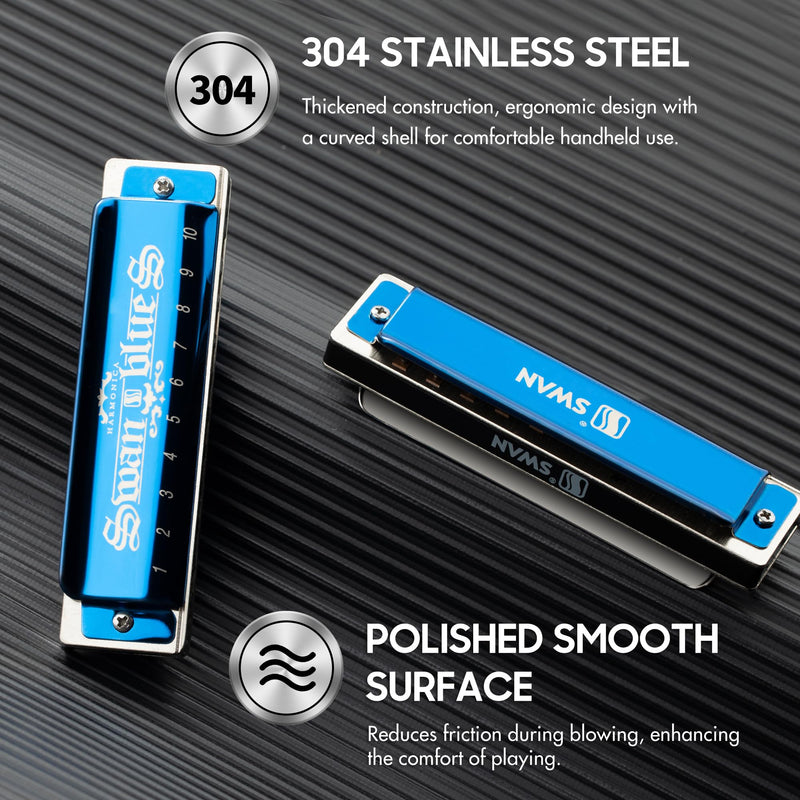 SWAN Blues Harmonica C Key for Kids Adults, 10 Hole Diatonic Harmonica Key of C Brass Reed Blues Harp for Beginners Students, Metal Mouth Organ in Stainless Steel C Major, Black Swan Ocean Blue 10-hole blues (Black Swan Series) C key Blue