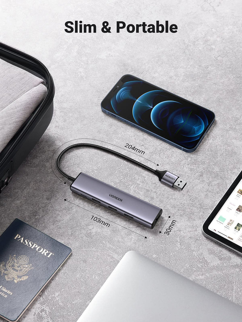 UGREEN USB Hub, Aluminum 4-Port USB 3.0 Hub with Powered Support Output for High Power Equipment, USB Port Splitter for Laptop,iMac, MacBook, Surface Pro, Dell, PS4, Flash Drive, Mobile HDD