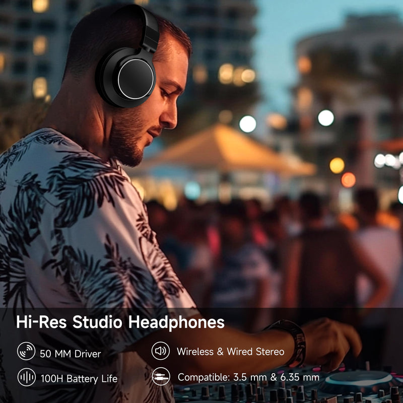 Over Ear Bluetooth Headphones, Studio Monitor & Mixing DJ Headphones Wireless with 50mm Drivers and 1/4 to 3.5mm Wired Audio Jack for Guitar AMP Recording Podcast Piano, 100H Playtime, Black