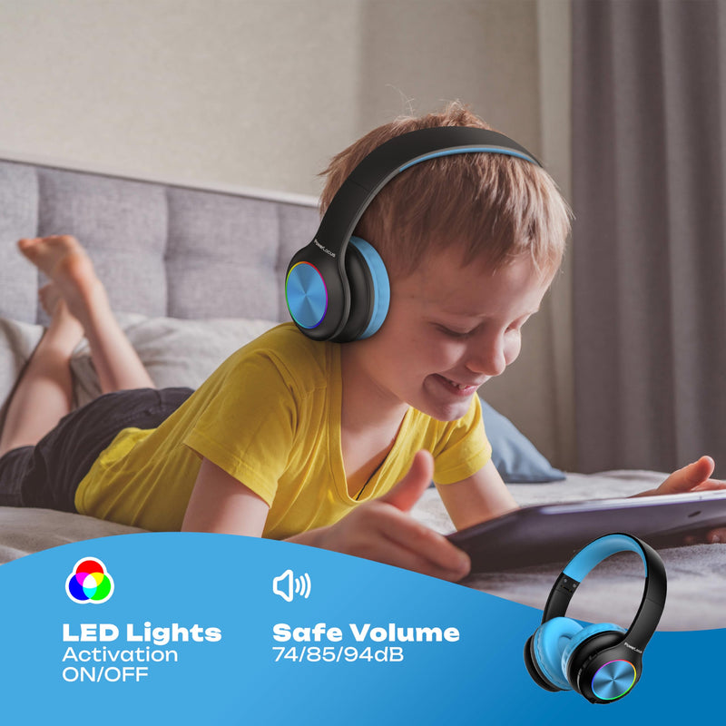 PowerLocus PLED Kids Headphones Wireless, Over Ear Headphones for Kids with 74/85/94dB Safe Volume Limits, Microphone, LED Lights