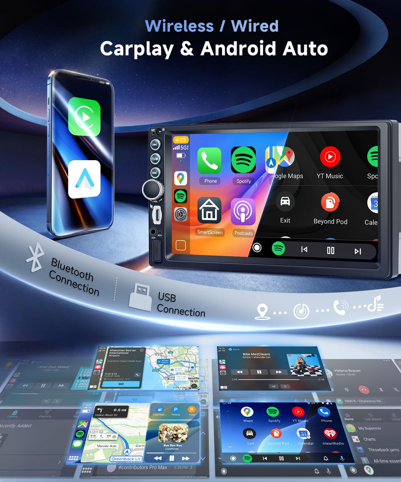 7 Inch Double Din Car Stereo with Wireless CarPlay Android Auto You-Tube, Touchscreen Car Radio 2 Din with Backup Camera with Mirror Link Bluetooth FM USB EQ Type C Steering Wheel Control Appearance 2 Wireless CarPlay