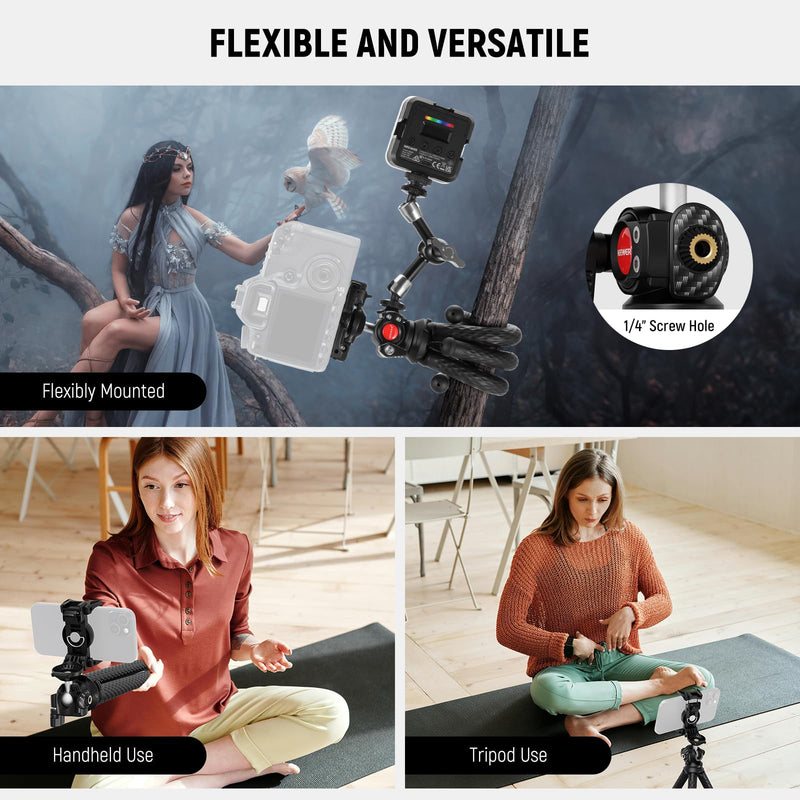 NEEWER Flexible Tripod with Remote, Mini Camera Phone Tripod Stand with Hidden Phone Holder&Action Camera Adapter Compatible with iPhone GoPro Hero13 12 11 10 DJI Insta360 Samsung for Vlogging, TP34