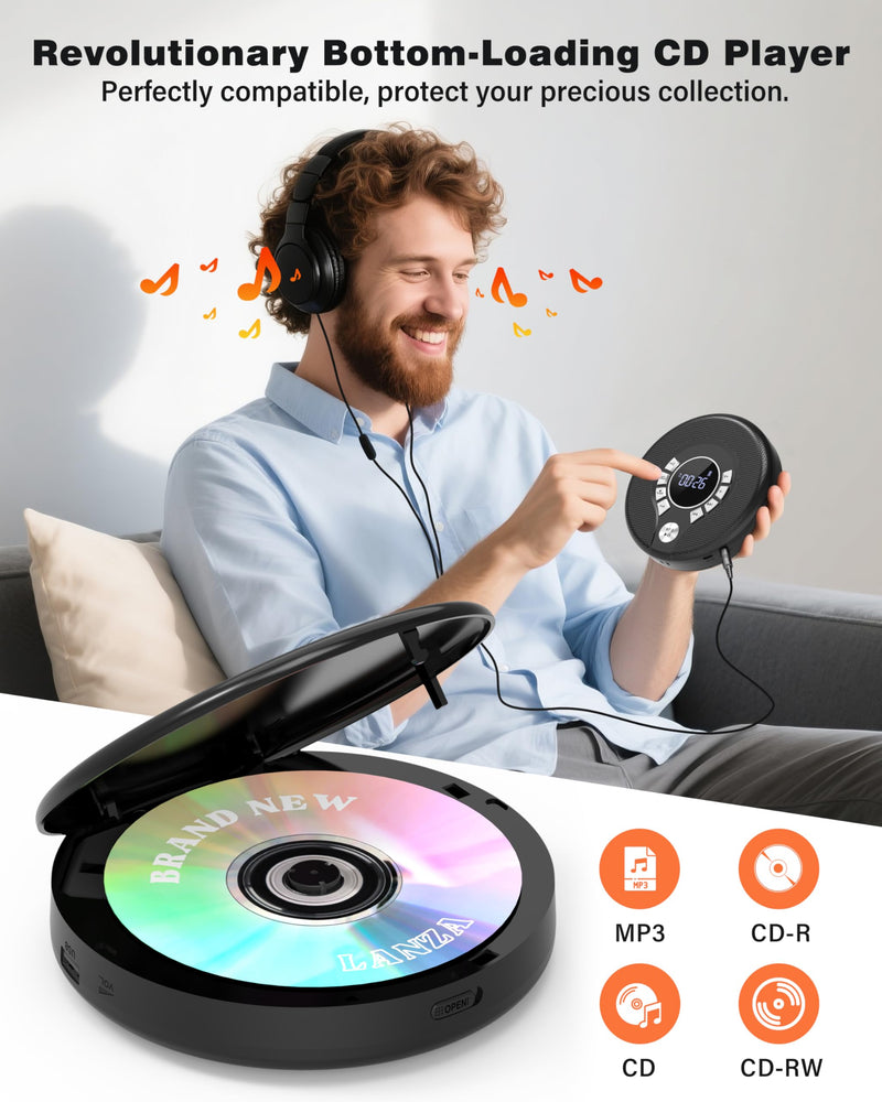 [AUSTRALIA] - Greadio Portable Bluetooth CD Player with 2000mAh Rechargeable, Personal CD Player for Car with FM Transmitter/AUX, CD Discman Player with Headphone, 120s Anti-Skip, USB Port, Backlight (Black) Black-CD Player with FM Transmitter 