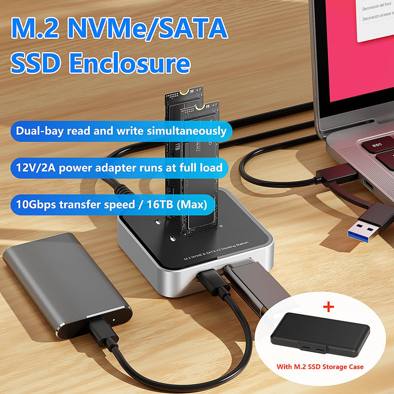 Dual Bay M.2 NVME SATA SSD Enclosure, USB 3.2 10Gbps HUB PCIE NVMe Docking Station, Up to 16TB, Plug and Play, with M.2 SSD Storage Case