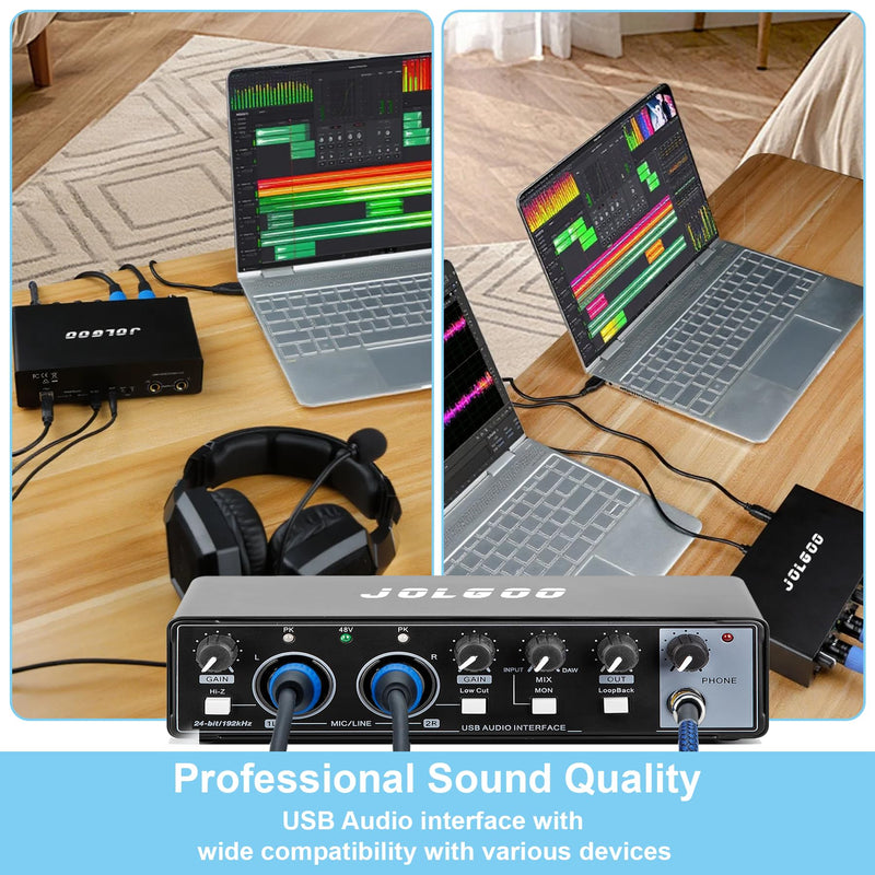 USB Audio Interface for Recording Music, 24-Bit/192kHz, Plug and Play Audio Interface for PC, Mac, and Smartphone – Low Latency, XLR/Line In, Headphone Out
