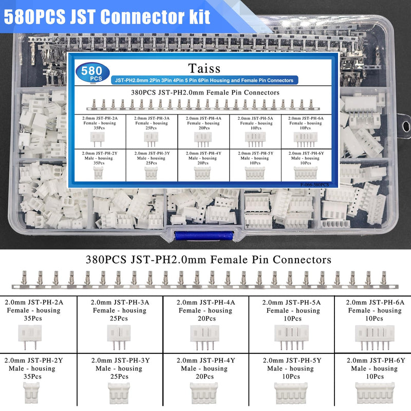 Taiss 580PCS JST PH Connector kit 2.0mm 2/3/4/5/6Pin Housing,Female and Male Adapter Cable Connector Plug,PH2.0mm Female Pin Connectors,JST Connector F-066-580PCS JST PH2.0mm Connector kit