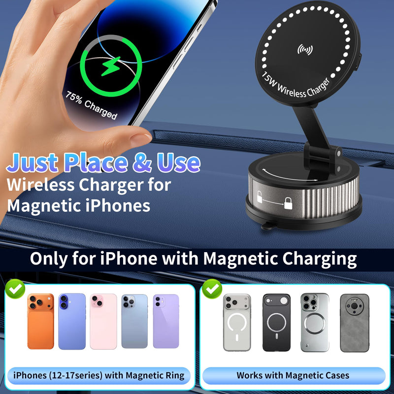 2-in-1 Car Phone Mount with 15W Fast Wireless Charging | 95+LBS Strong Suction & 2400gf Strong Magnetic , 360° Adjustable Car Phone Holder, Phone holders for Your Car