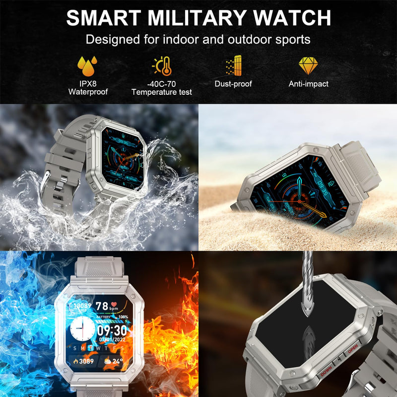 Smart Watch for Men Fitness Tracker: Military Smart Watches for Men Digital Mens Watches Make/Answer Call Running Waterproof Smartwatch Android Phones iPhone Samsung Compatible Heart Rate Monitor Grey