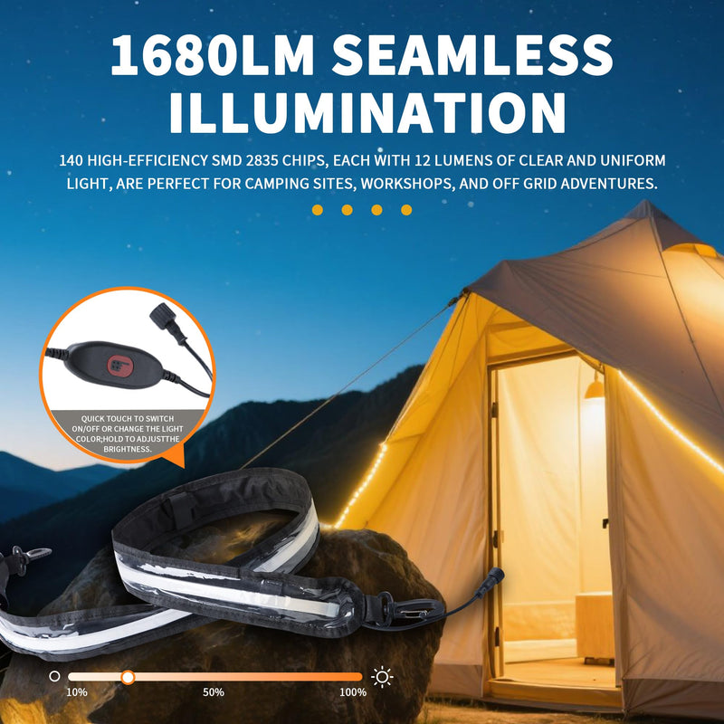 12V 4ft Led Light Strip Dimmable Camping Awning Light with 140 SMD 2835 LED Chips Cabinet Lights, Rv Accessories Waterproof IP67 Multi-Functional Use for Car Tent, Camper Motorhome White/1 set