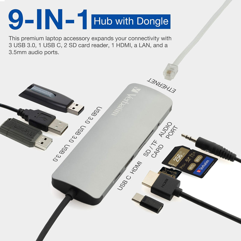 Verbatim® 9-in-1 USB C Hub Adapter with 4K HDMI, 100W Power Delivery, USB 3.0, SD Card Readers, Gigabit LAN, 3.5mm Port for USB C Laptops 9 in 1 Hub