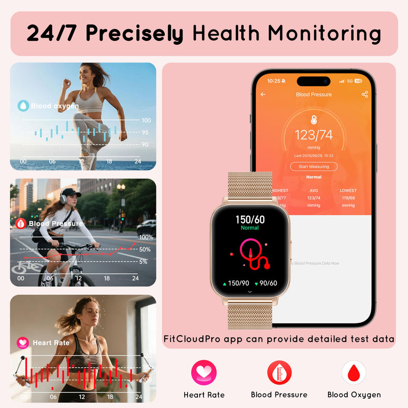 Smart Watch for Women for Android & iPhone 1.85" HD Fitness Tracker IP68 | Bluetooth Call Smartwatch with Heart Rate SpO2 Sleep Monitor, DIY Dial 120+Sport Step IP68 Waterproof , 3 Band/1000mAh Rose Gold 44 MM