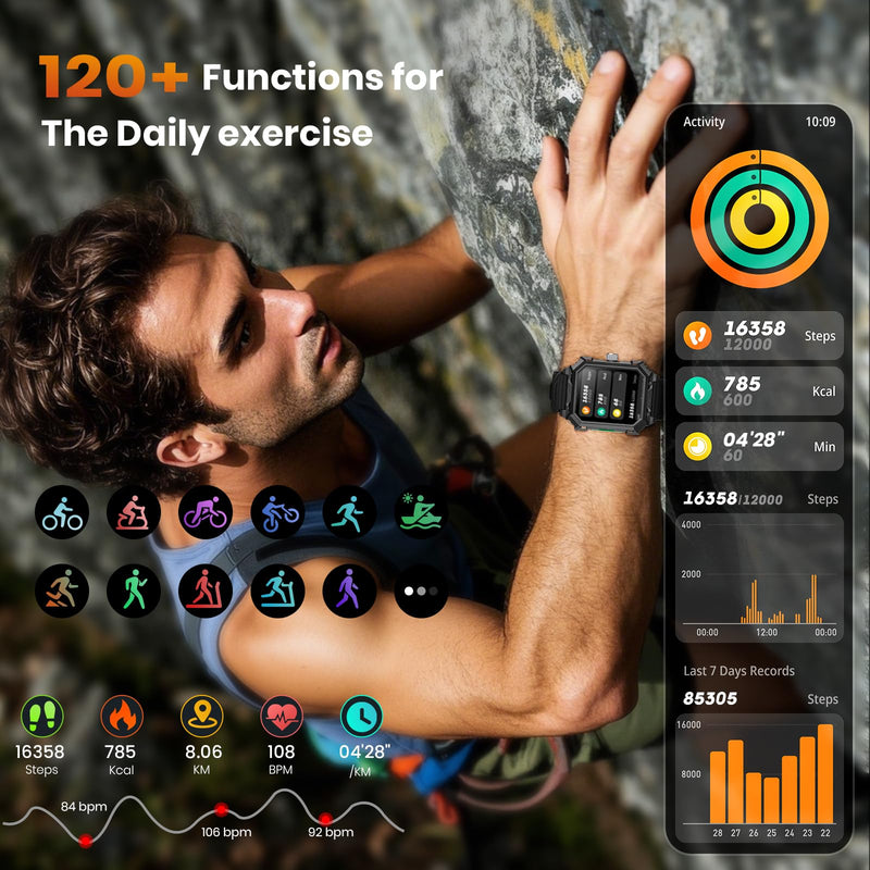 Rogbid Military Smart Watches for Men, 2.06'' AMOLED IP68 Waterproof Smartwatch for Android iOS, Answer/Make Call Fitness Tracker with Heart Rate/Sleep/Stress/SpO2/120+Sport Modes