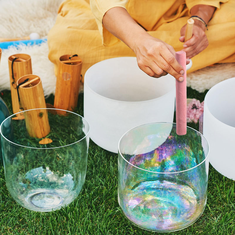 [AUSTRALIA] - Nuanchu 5 Pcs Crystal Singing Bowl Mallet Set Includes Sheepskin Solid and Hollow Sound Sticks Singing Bowl Rubber Mallet with Wood Handle Clear Acrylic Striker for Playing (Pink) Pink 