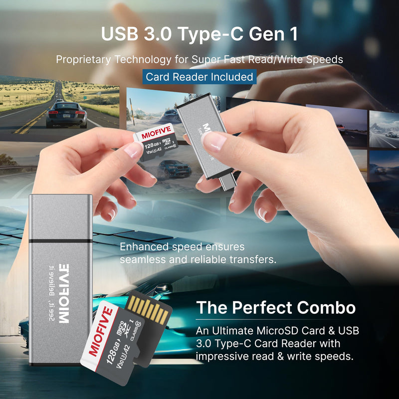 [AUSTRALIA] - Miofive Memory Card - Ultimate Micro SD Card with USB 3.0 Type-C Card Reader 170MB/s, C10, U3, A2, V30, 4K for Dash Cams, Android Smartphones, Tablets, and Gaming Devices (128GB) 