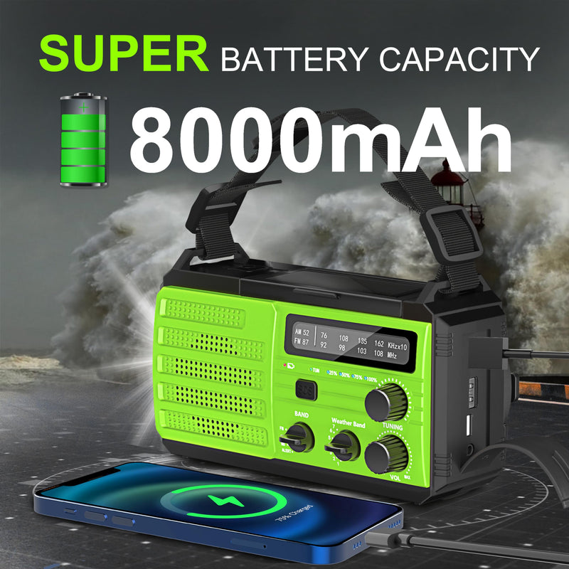 Emergency Weather Radio,8000mAh AMFM NOAA Weather Alert Radio,Solar Hand Crank Powered Radio with Super Bright Flashlight,Phone Charger,SOS Alarm,Compass for Survival, Hurricane,Outdoor, Emergency Green