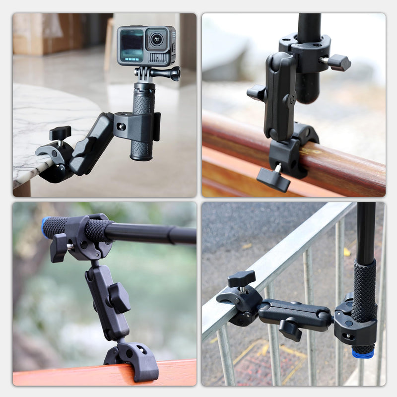 [AUSTRALIA] - Double Super Clamp Camera Mount with Magic Arm for Chair/Photography Reflector/Light/Pole, Umbrella Clamp with 360° Rotation Double Ball Head Adapter for Golf Push Carts/Strollers/Wagons 