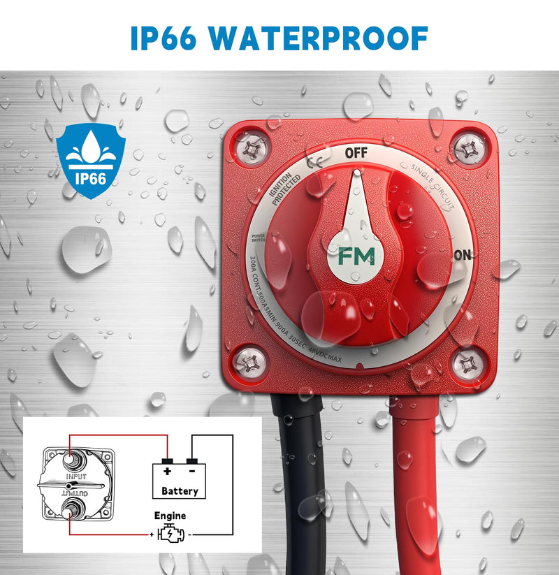 [AUSTRALIA] - 300A Waterproof Battery Disconnect Switch 12V-48V, On/Off Kill Switch for Marine, RV, Car, Boat, Truck, ATV, UTV, Ignition Protected with Cable 300A ON/OFF Single Circuit with Cable 