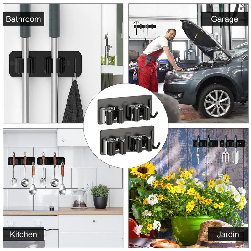 HTRTRR Broom Holder Wall 2 Pieces, 3 in 1 Tool Holder Stainless Steel Garden Tool Holder Wall Mount Self-Adhesive Broom Holder for Kitchen, Home, Bathroom, Garage, Garden