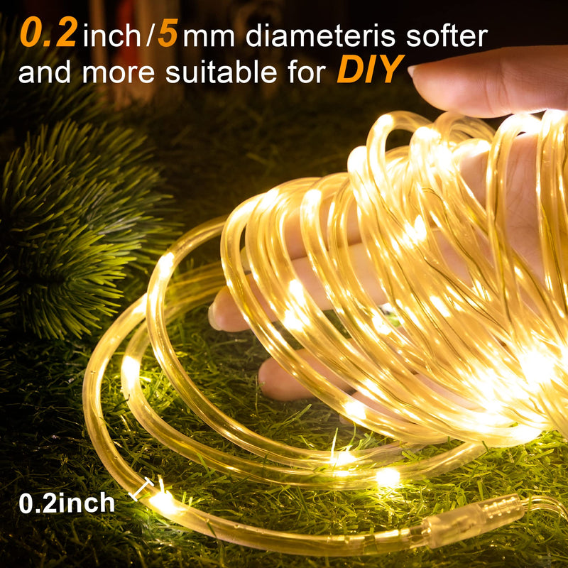 Battery Operated Rope Lights Outdoor Waterproof, 2 Pack Total 200 LED 66Ft Battery Powered String Lights, 8 Modes Christmas Lights for Party Garden Walkway Patio Decorations (Warm White) Warm White