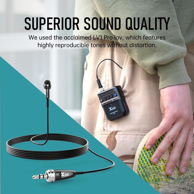 Xvive U5T2 Wireless Lavalier Microphone System with 2 Lavalier Mics 2 Transmitters 6ms Latency 2.4Ghz