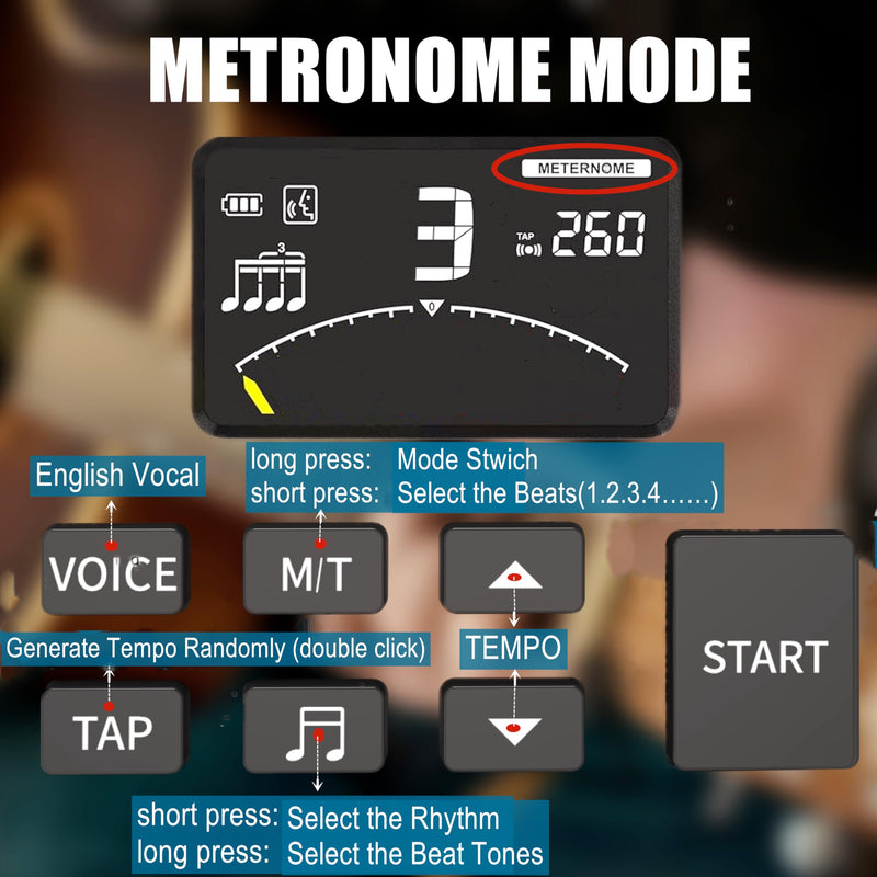Metronome Tuner,Fast and Accurate Tuning, Three Beat Sound,English Vocal Counting Beat,Built-in Rechargeable Battery,Suit for Guitar, Bass, Saxophone ect MT-Black