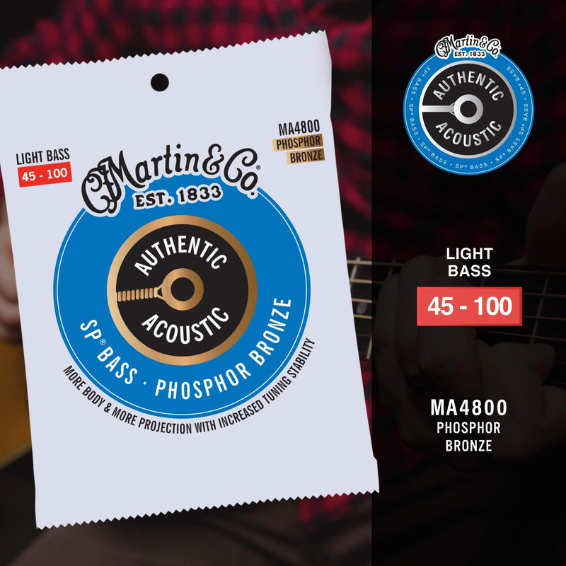Martin Authentic Acoustic® SP® Bass Strings – Phosphor Bronze, Light Gauge | Long-Lasting Tone, Corrosion Resistance & Tuning Stability | 4-String Acoustic Bass Set Light Bass, (4 str)