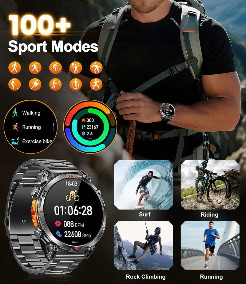 GPS Military Smart Watches for Men, 1.56" AMOLED Screen Bluetooth Call, Smartwatch for Android Phones and iPhone, 100+ Sport Modes, 3ATM Waterproof Smart Watch with Compass Black & Orange