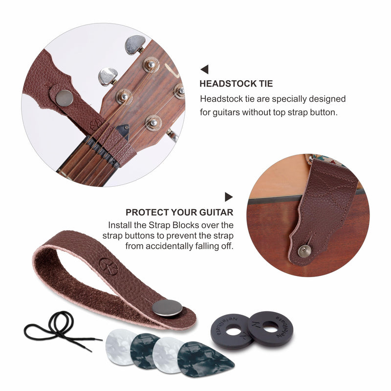 [AUSTRALIA] - Guitar Strap, Head Layer Cowhide Leather End, 2 Inches Wide, for Acoustic and Bass Electric Guitars, Free Button, 2 Strap Locks and 4 Guitar Picks Light Boho 