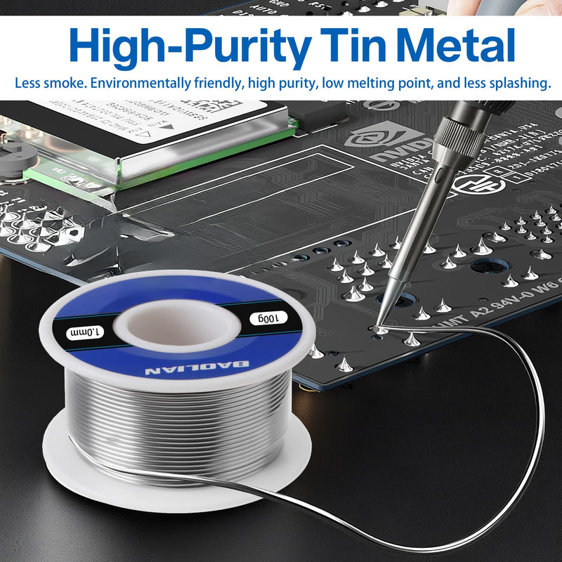 Solder with Flux, Solder Wire 1 mm 100 g, Low Melting Point, Tin Content, Professional Soldering Wire for Soldering Repair Electronic Circuit Components and DIY Creation