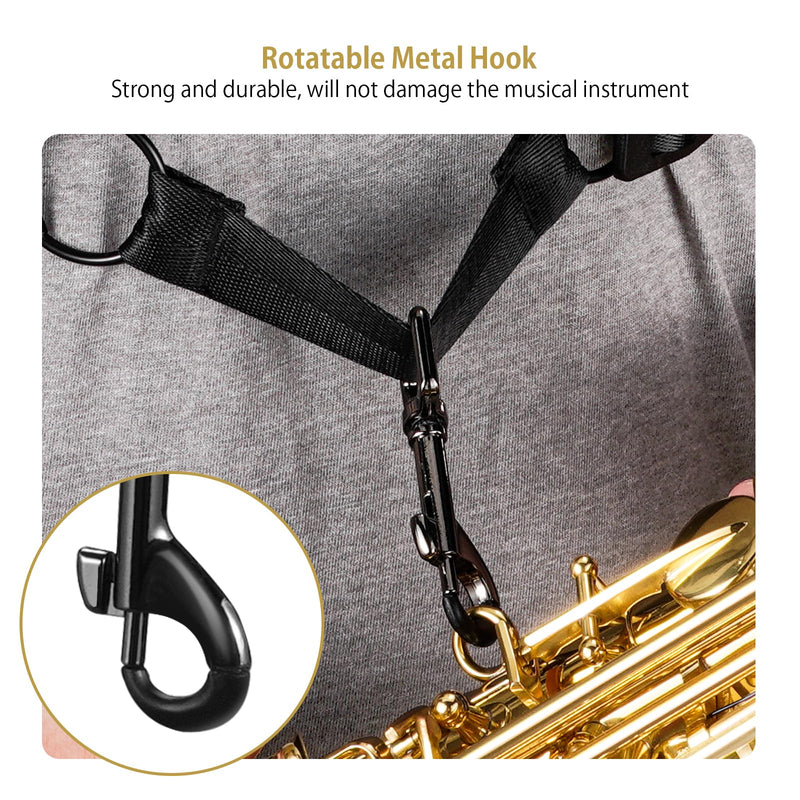 Saxophone Harness, Double Shoulder Adjustable Sax Strap with Soft Leather Padded, Widened & Thickened Design, Good Comfort, Reduce Neck Stress, for Alto/Tenor/Baritone/Soprano Saxophone