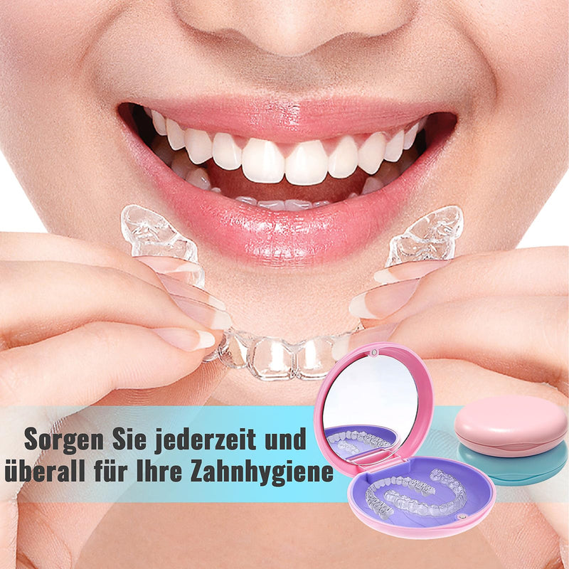 Braces Box, Pack of 2 Dentures Box with Mirror, Brace Box, Portable Dental Splint Box, Dental Container for Storing Braces and Dentures (Blue and Pink)