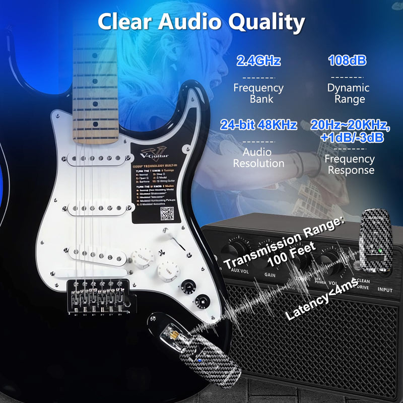 [AUSTRALIA] - Wireless Guitar System 2.4GHz Transmitter Receiver, 24-bit 48KHz Audio, 100ft Range, Rechargeable 5-Hour Battery, 250° Rotating Plug, No Latency for Electric Bass, Guitar Accessories K6 