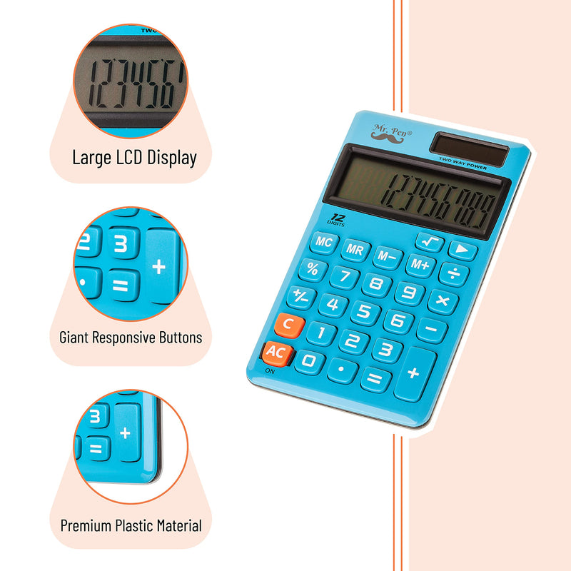 Mr. Pen- Standard Function Calculator, 12 Digits, Small Calculator, Solar Calculator, Pocket Calculator, Simple Calculator, Basic Office Calculators, Solar Handheld Calculator, Standard Calculator Blue