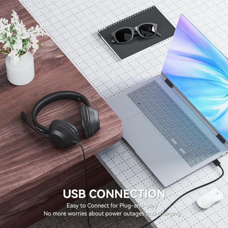 LEVN Headset with Mic, USB Headset with Microphone, Computer Headset with Noise Cancelling Microphone for Laptop PC, Mute in-line Controls, Wired Headset for Work from Home/Open Office/Call Cente Black