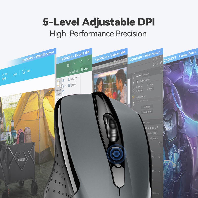 TECKNET Wireless Mouse, 2.4G Ergonomic Optical Mouse, Computer Mouse for Laptop, PC, Computer, Chromebook, Notebook, 6 Buttons, 24 Months Battery Life, 2600 DPI, 5 Adjustment Levels Grey