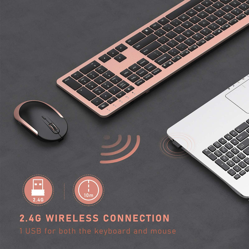 seenda Rechargeable Wireless Keyboard Mouse Combo Full Size Cordless Keyboard & Mouse Sets with Build-in Lithium Battery Ultra Thin Quiet Keyboard Mice (Black and Rose Gold) Black and Rose Gold
