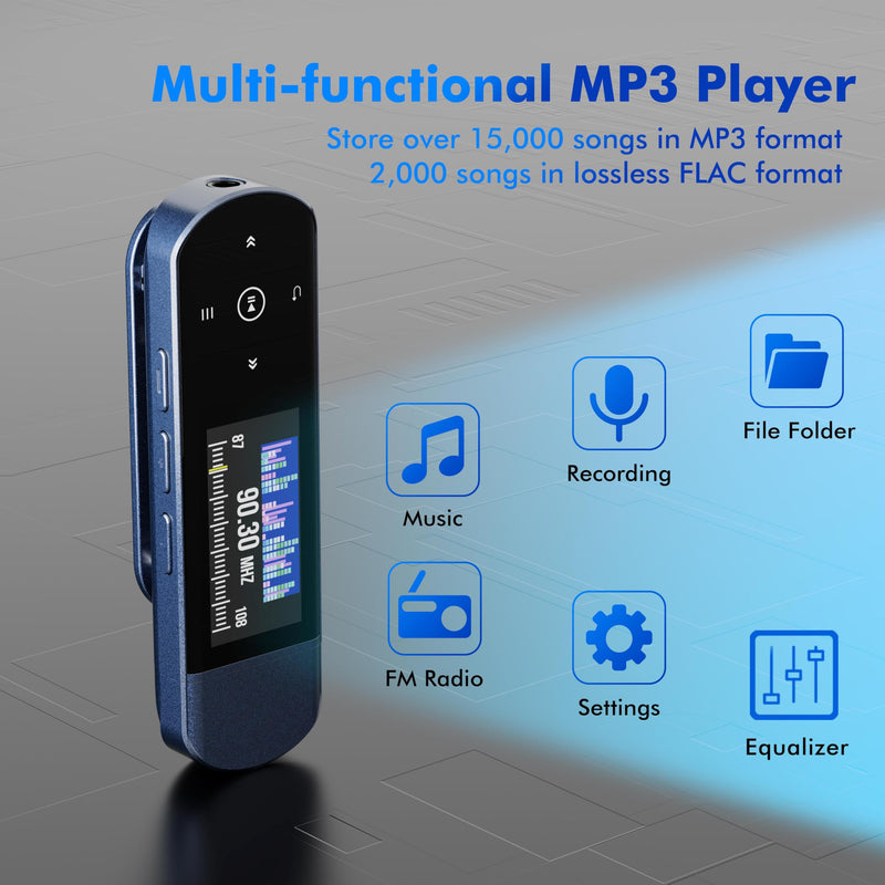 RUIZU 64GB USB MP3 Player with Bluetooth 5.3, Clip Jam Portable Music Player for Sports Running, USB MP3 Player Stick with FM Radio, Voice Recorder, Digital Audio Shuffle Repeat, Phone File Transfer Blue