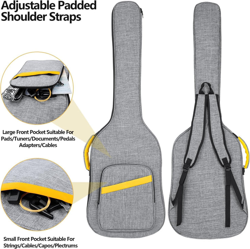 LETSROCK Bass Guitar Case, Bass Guitar Gig Bag 0.4 Inch waterproof Thick Padding Backpack Soft Bass Case Dual Adjustable Shoulder Strap Pocket & Neck Strap Gray Bass Bag