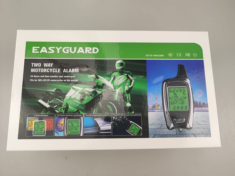 EASYGUARD EM211 2 Way Motorcycle Alarm System with Remote Start Starter Shock Sensor tilt Motion Sensor DC12V LCD Display