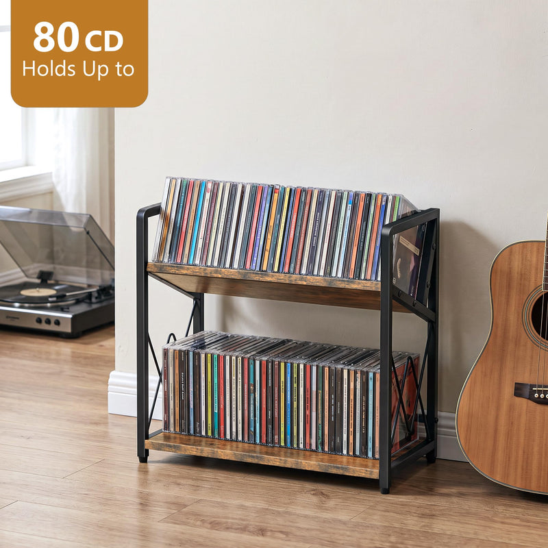CD Storage Rack, 2-Tier CD Holder Rack, DVD Shelf Holds Store up to 80 CDs | cd display Retro Desk DVD Organizer Tower for Music Enthusiasts, Brown