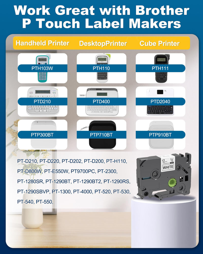 12mm 0.47 Laminated White Label Tape Relpacement for TZe-231 Brother Label Maker Tape, AZe Black on White Label Tape Compatible with Brother P Touch Label Maker PT-D210 PT-H110 PT-D220 PT-D400, 4 Pack