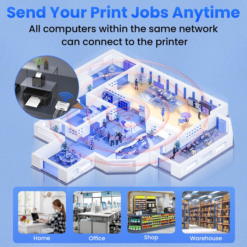 Wireless Print Server to Share 3 USB Printers Over Local Network | Easy Setup, Support Ethernet WiFi, Compatible with All RAW-Supported Printers LK300W. 3 USB Port