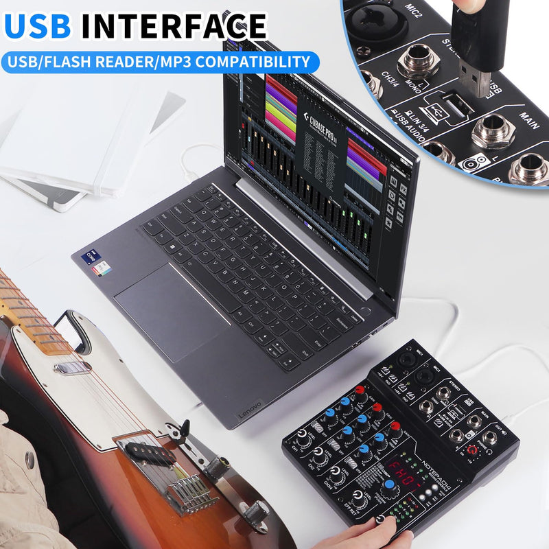 4 Channel Audio Mixer with 99 Sound Effects for PC,BT DJ Mixer Portable Sound Mixing Console with USB Recording Input for Live Streaming,Podcasting,DJ Show,Wedding